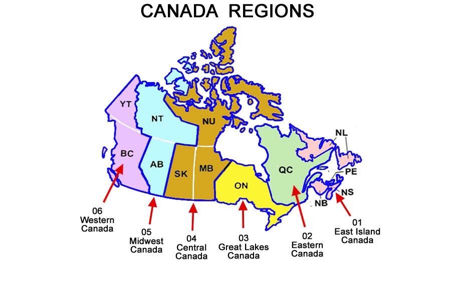 Map of the six NB88 Canada regions