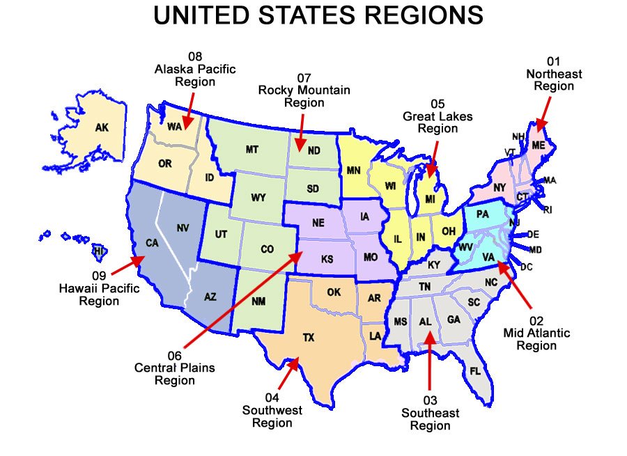 Map of the nine NB88 United States regions